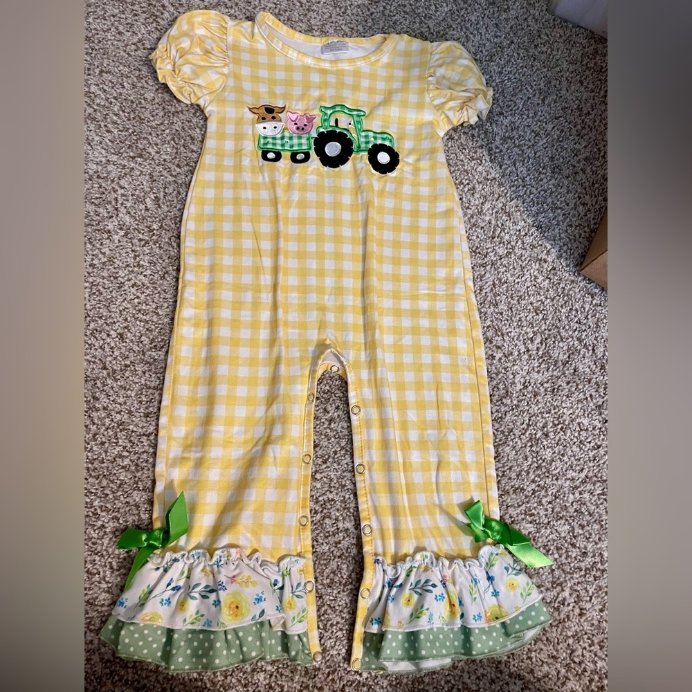 Yellow Gingham Baby Romper with Tractor Applique